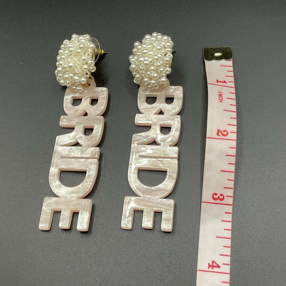 Bride Acrylic Word & Bead Earrings Bold Wedding Bachelorette - Picture 3 of 3
